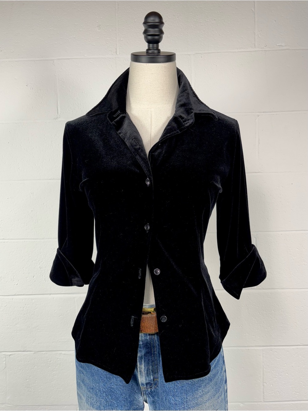Vintage 90s Black Stretch Velour Velvet Button Up Shirt Minimalist Gothic Small
